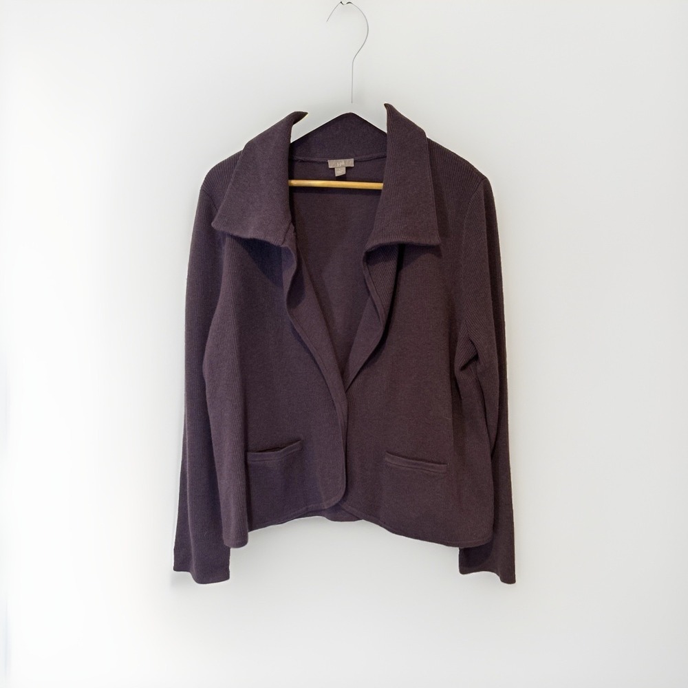 J.Jill Cardigan Sweater Women L Purple Knit Open Front Pocket Collared Blazer